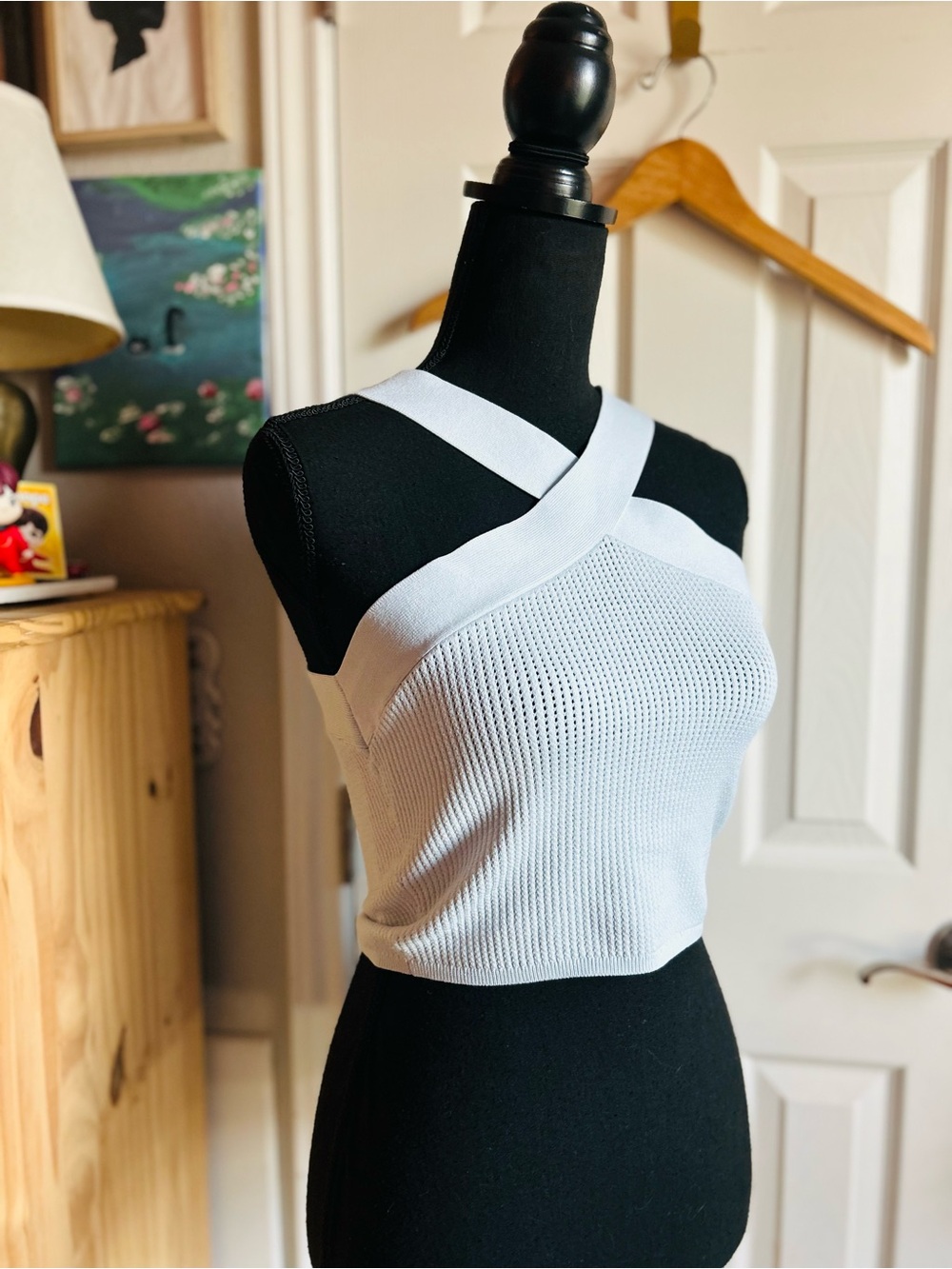 Babaton sculpt ribbed waffle knit cross front baby blue crop top